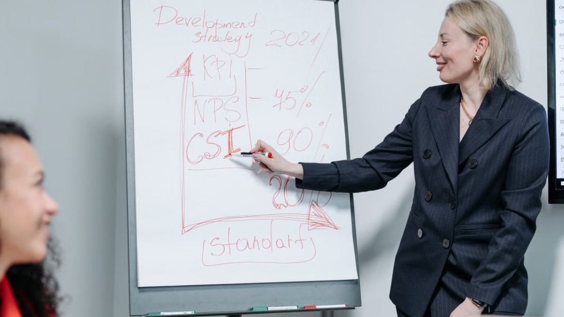 Professional woman delivering a business presentation on market strategy metrics indoors.